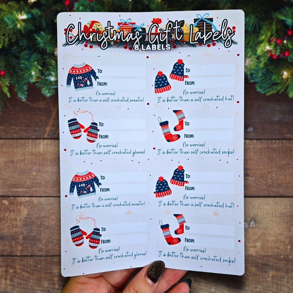 Crochet Sweater, Hat, Socks and Mitten Gift Label Sheet - Christmas Gift Label Stickers, Christmas Gift Stickers, Holiday Gift Label Present
