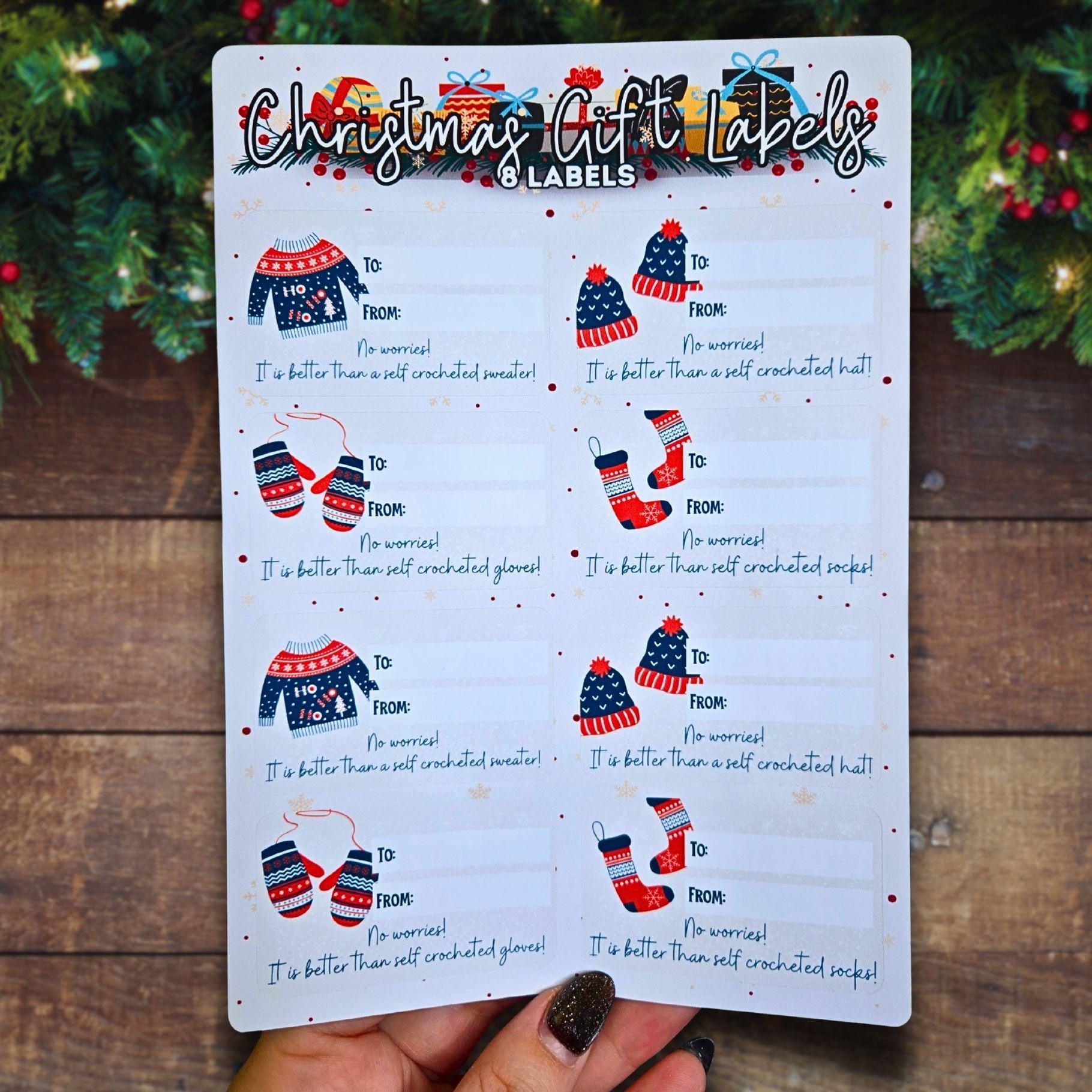 Crochet Sweater, Hat, Socks and Mitten Gift Label Sheet - Christmas Gift Label Stickers, Christmas Gift Stickers, Holiday Gift Label Present