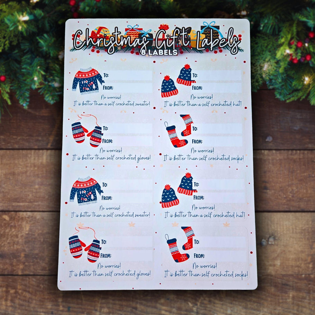 Crochet Sweater, Hat, Socks and Mitten Gift Label Sheet - Christmas Gift Label Stickers, Christmas Gift Stickers, Holiday Gift Label Present