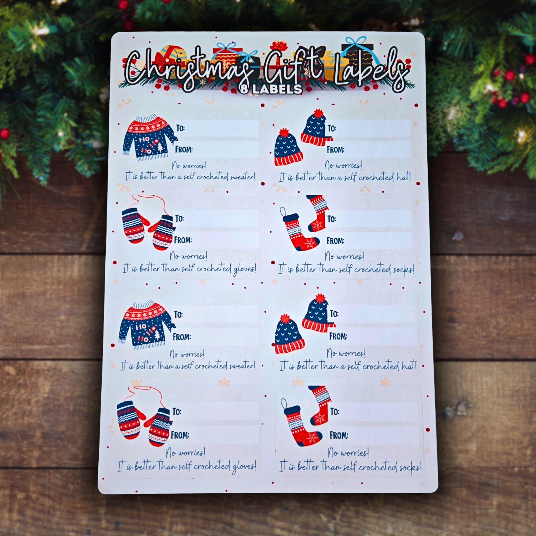 Crochet Sweater, Hat, Socks and Mitten Gift Label Sheet - Christmas Gift Label Stickers, Christmas Gift Stickers, Holiday Gift Label Present