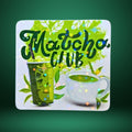 Star holographic Matcha Club sticker with iced and hot matcha tea cups and leafy green design, cozy tea aesthetic for journals and tumblers
