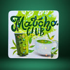 Star holographic Matcha Club sticker with iced and hot matcha tea cups and leafy green design, cozy tea aesthetic for journals and tumblers