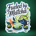 Gem holographic Fueled by Matcha sticker with teapot, matcha whisk, and green latte art, calm cozy tea lover design for journals and tumblers