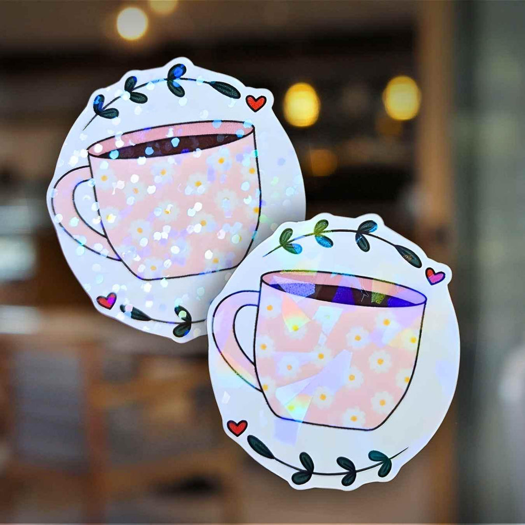 Pink Mug Coffee Cup - Holographic Sticker, Waterproof Vinyl