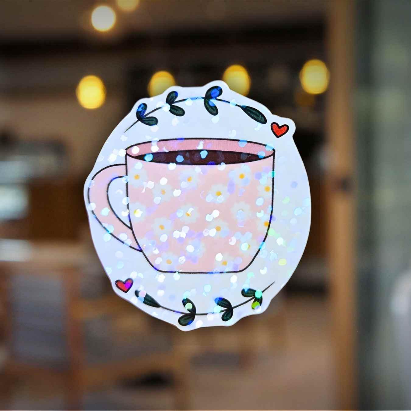 Pink Mug Coffee Cup - Holographic Sticker, Waterproof Vinyl