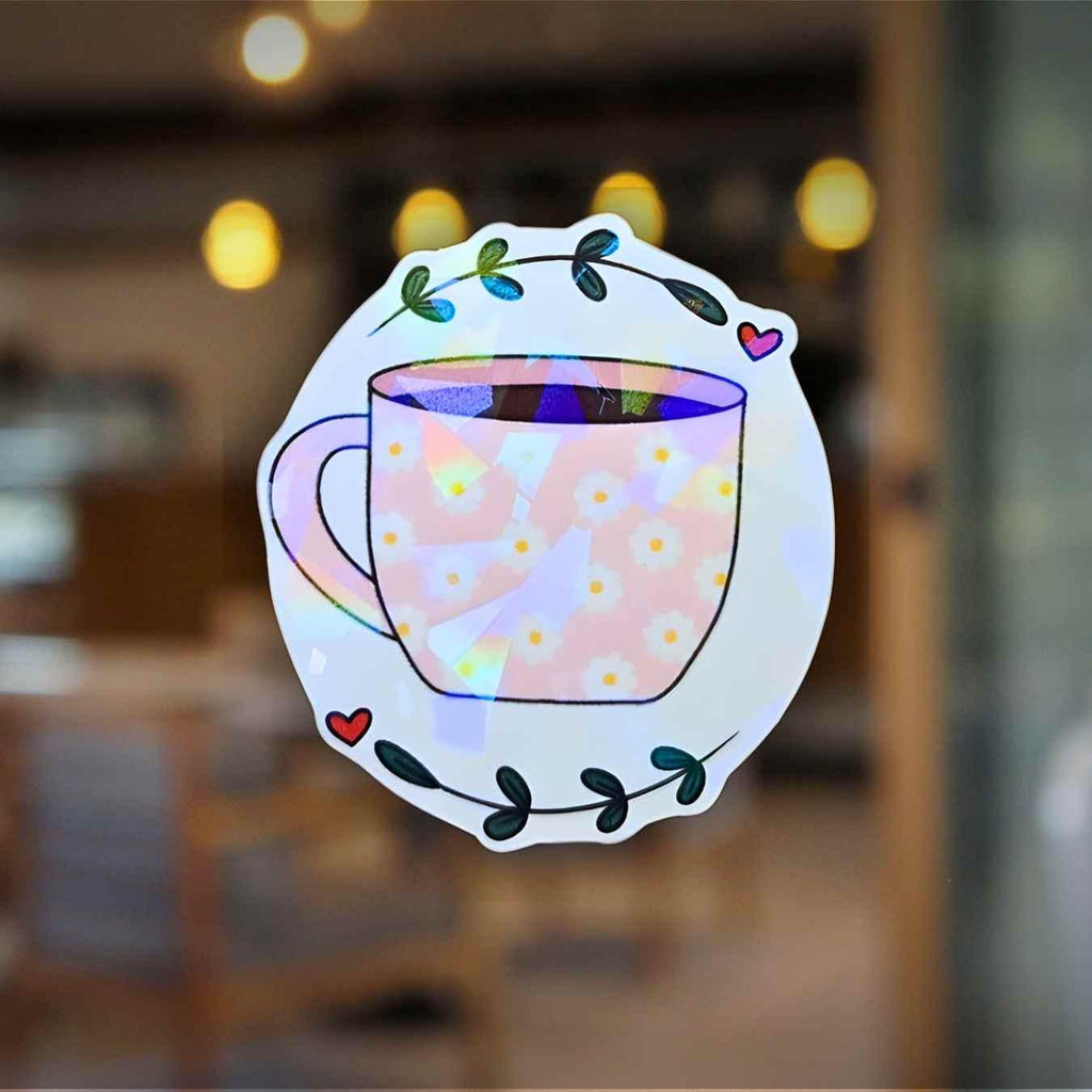 Pink Mug Coffee Cup - Holographic Sticker, Waterproof Vinyl