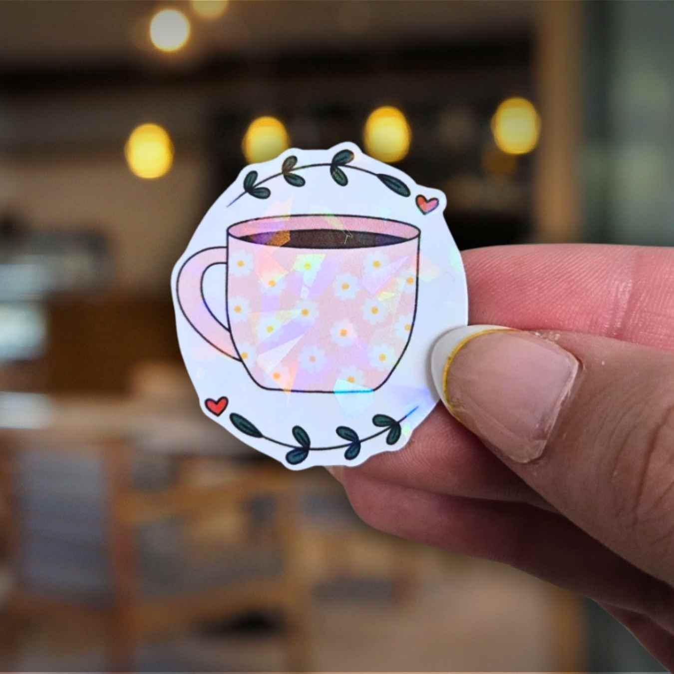 Pink Mug Coffee Cup - Holographic Sticker, Waterproof Vinyl