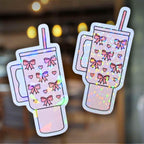 Gem or Dot holographic pink bow coquette Stanley cup sticker with hearts, cute pastel tumbler design for coffee lovers, laptops, and planners