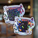 Gem or Dot holographic espresso cup sticker with flowers and hearts, cozy coffee aesthetic design perfect for caffeine lovers and journals