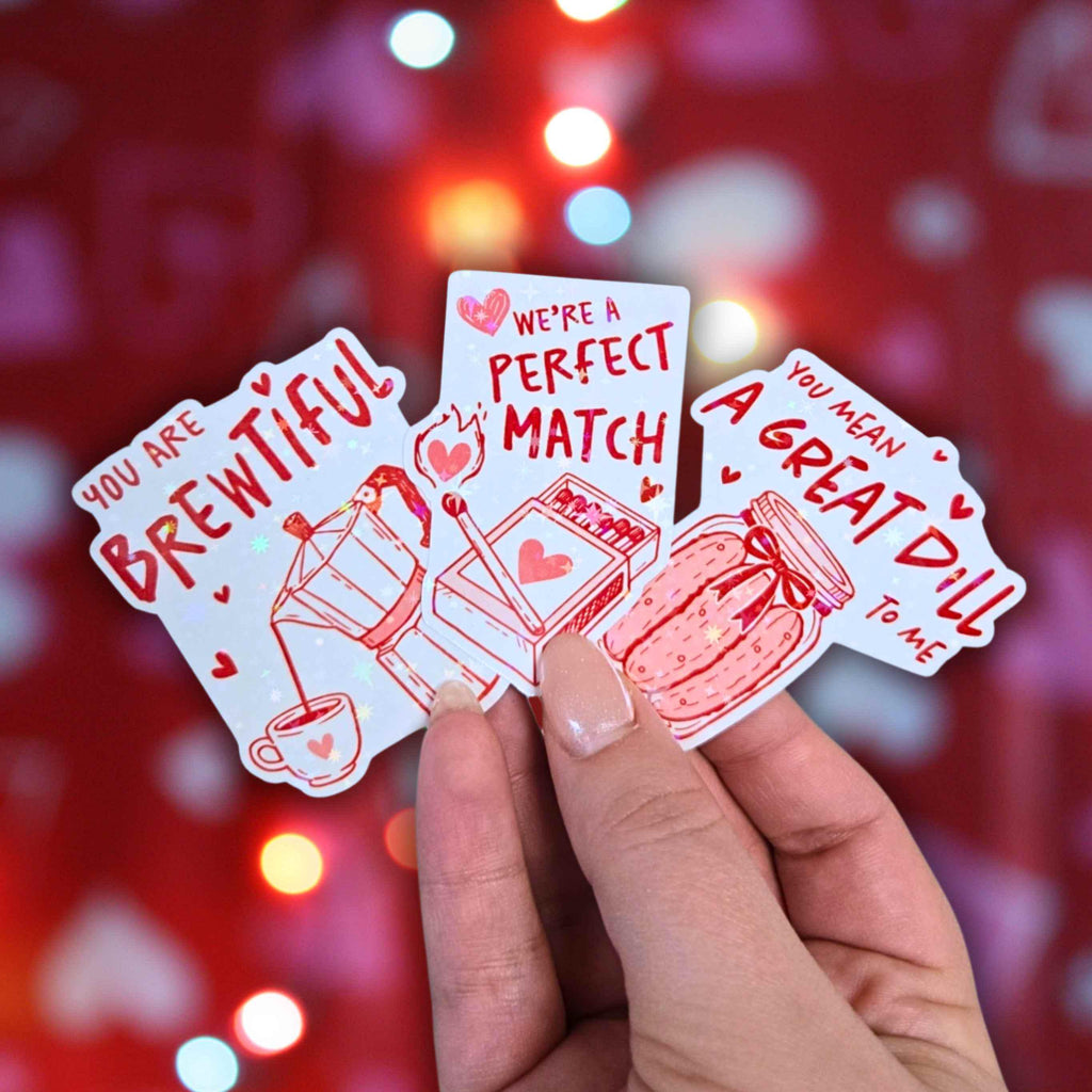 We're A Perfect Match - Holographic Sticker, Waterproof Vinyl, Heart Match Box Pun Decal for Valentine's Day