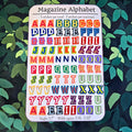 Magazine Alphabet Letters sticker sheet with colorful retro fonts and A–Z cutout design, available in clear, gem, star, rainbow, dot, or matte finish