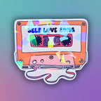 Gem holographic Self Love Song sticker shaped like a retro orange cassette tape, nostalgic self-care design for music lovers and journals