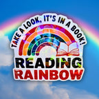 Gem holographic Reading Rainbow sticker with colorful rainbow and open book design, nostalgic reading theme perfect for teachers and book lovers