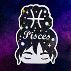 Star holographic Pisces Woman sticker featuring serene female face with celestial hair, zodiac symbol, and dreamy cosmic aesthetic