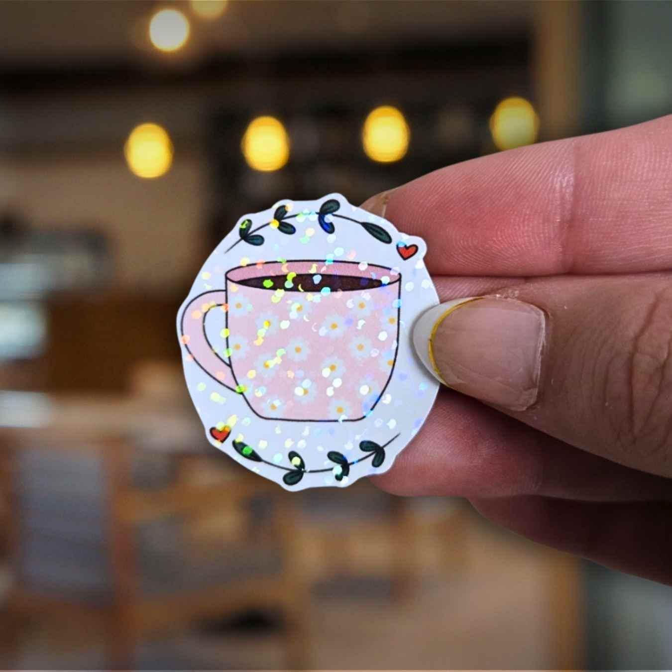 Pink Mug Coffee Cup - Holographic Sticker, Waterproof Vinyl