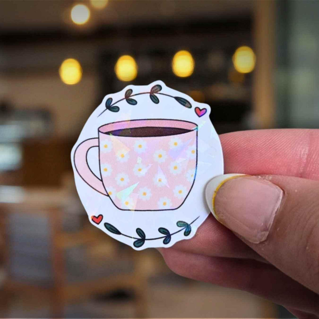 Pink Mug Coffee Cup - Holographic Sticker, Waterproof Vinyl
