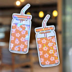 Gem or Dot holographic floral Libby iced coffee cup sticker with pink daisy pattern and straw, cozy coffee aesthetic for journals and tumblers
