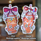 Gem or Dot holographic iced coffee sticker with daisies and red bow, cute cozy design for coffee lovers to decorate journals and water bottles