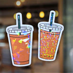Gem or Dot holographic To Go Iced Coffee sticker with green straw, cozy cafe aesthetic design for coffee lovers and journaling fans