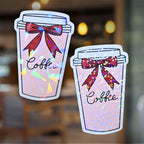 Gem or Dot holographic pink coffee cup sticker with red bow and handwritten coffee text, cozy coquette design for planners, cups, and laptops