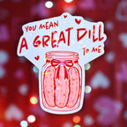 Celebrate love and humor with this adorable "You Mean A Great Dill To Me" holographic sticker! Perfect for Valentine’s Day or any occasion that calls for a sweet, pun-filled gift about pickles. This waterproof vinyl decal features a shimmering holographic star pattern finish that catches the light and adds a touch of color to any surface. Whether you're decorating your laptop, water bottle, planner, or gifting it to a fellow pickle enthusiast, this sticker is sure to make a splash.