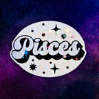 Star holographic Pisces oval sticker with retro script and celestial stars, dreamy zodiac design for astrology lovers and cosmic decor