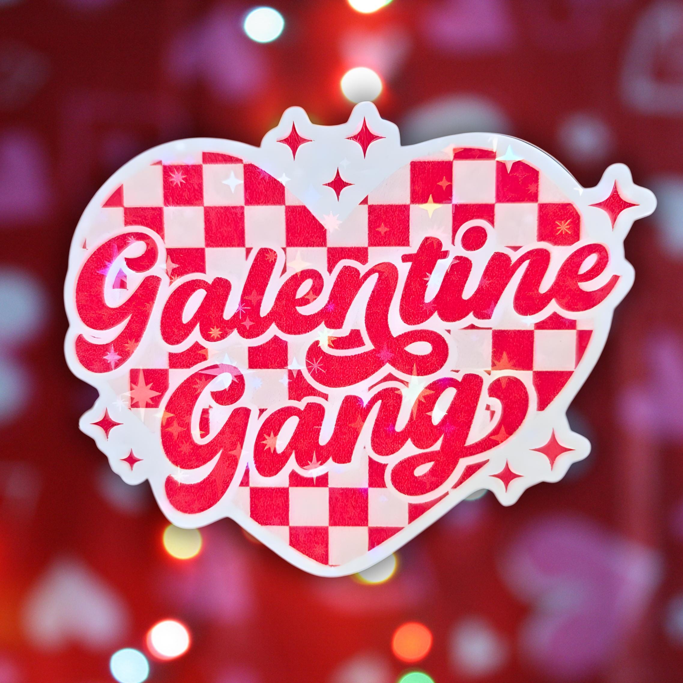 Galentine Gang Checkered Heart - Holographic Sticker, Waterproof Glitter Vinyl, Party Favors, Wine and Gossip, Galentine Party and Packaging