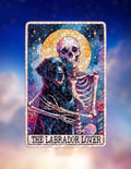 Gem holographic Labrador Lover sticker with skeleton hugging black dog under moon, spiritual gothic art symbolizing eternal love and devotion