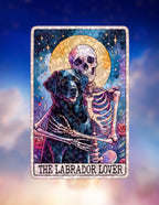 Gem holographic Labrador Lover sticker with skeleton hugging black dog under moon, spiritual gothic art symbolizing eternal love and devotion