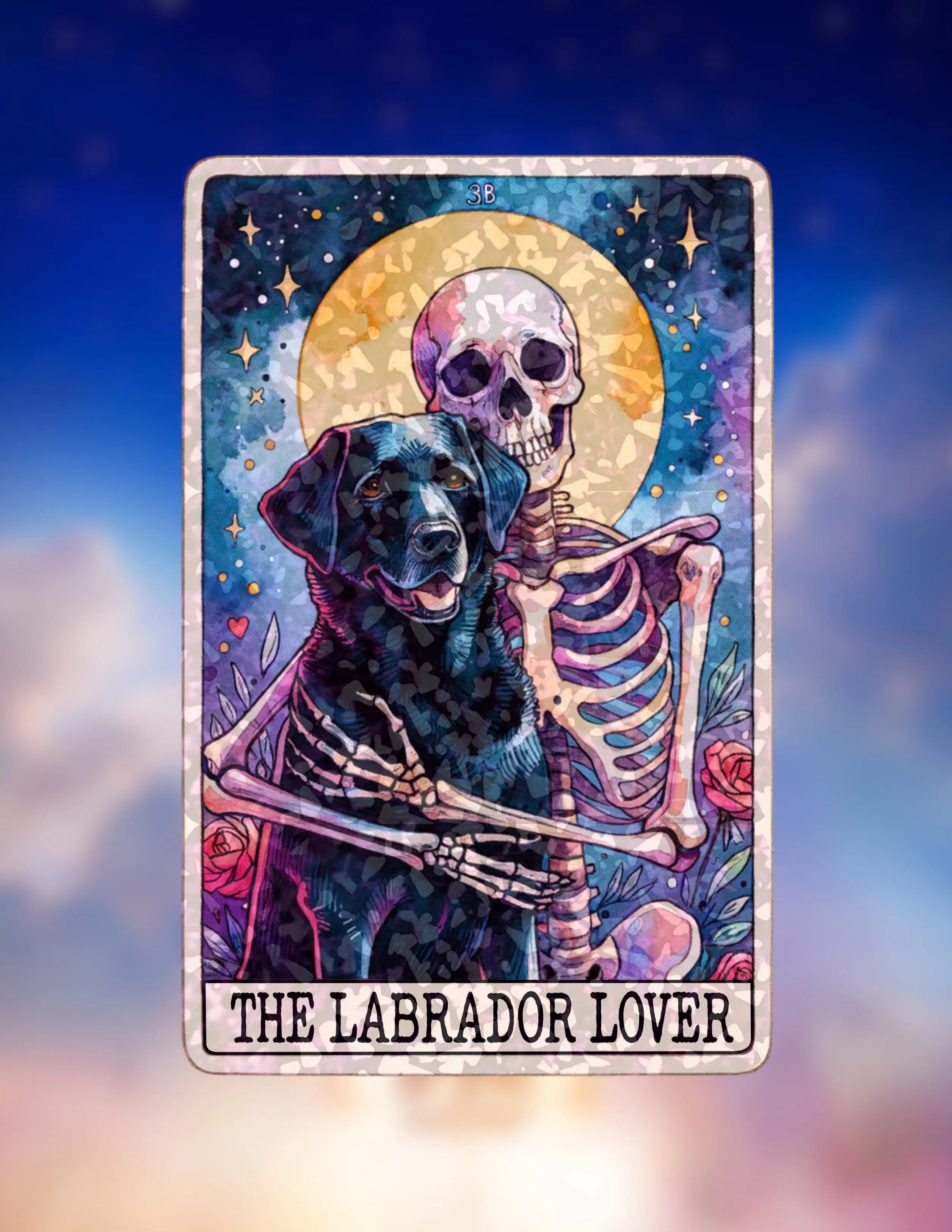 Gem holographic Labrador Lover sticker with skeleton hugging black dog under moon, spiritual gothic art symbolizing eternal love and devotion