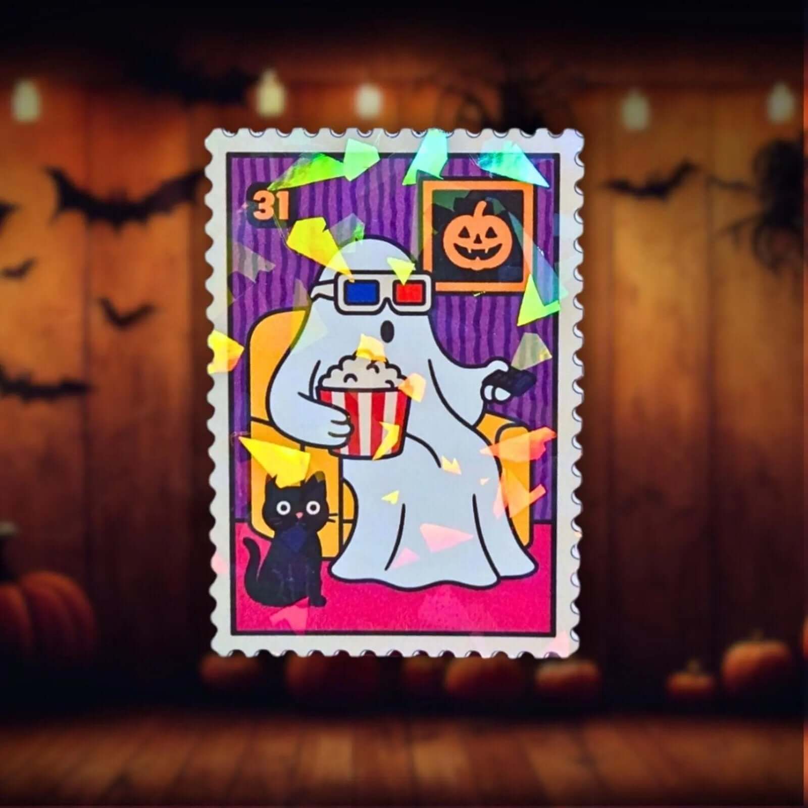 Movie Night Ghost Stamp - Sticker - Holographic Sticker | The TabbyLoaf