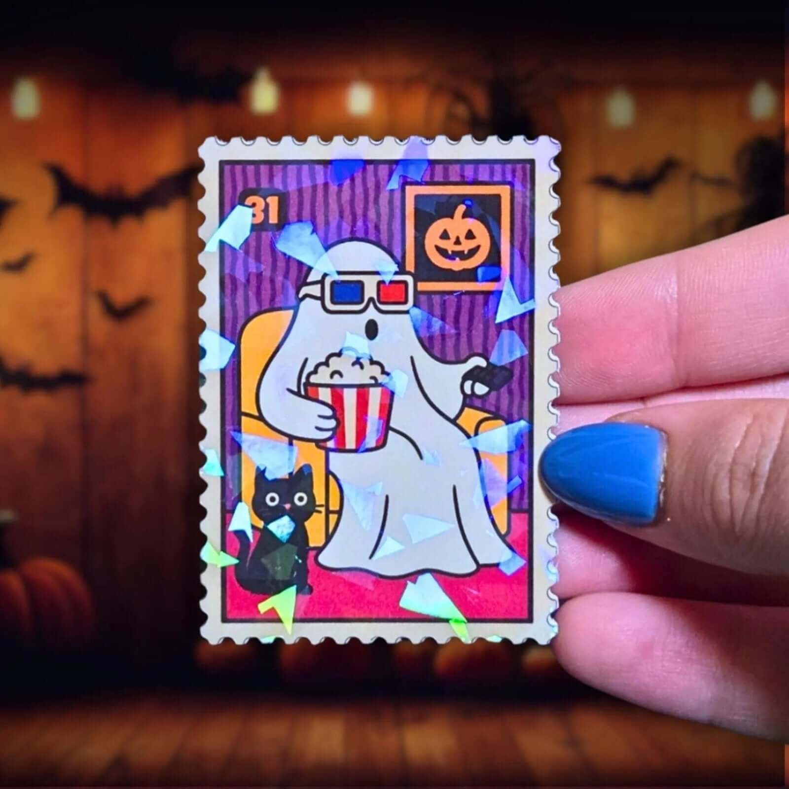 Movie Night Ghost Stamp - Sticker - Holographic Sticker | The TabbyLoaf