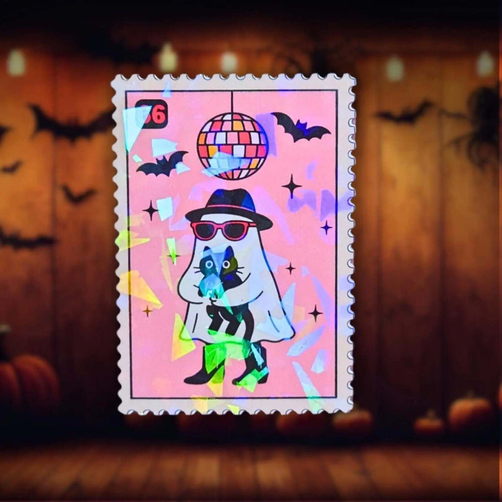 Pink Disco Ghost Stamp - Sticker - Holographic Sticker | The TabbyLoaf