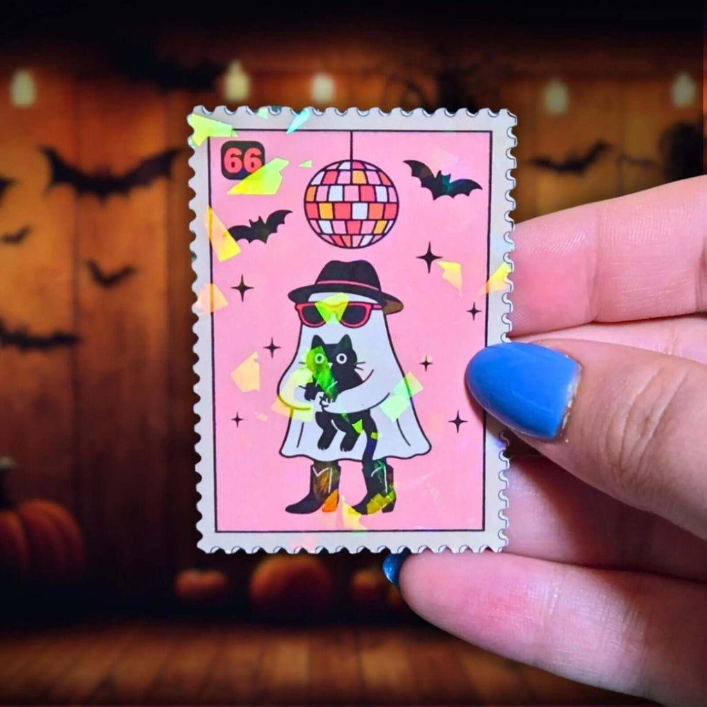 Pink Disco Ghost Stamp - Sticker - Holographic Sticker | The TabbyLoaf