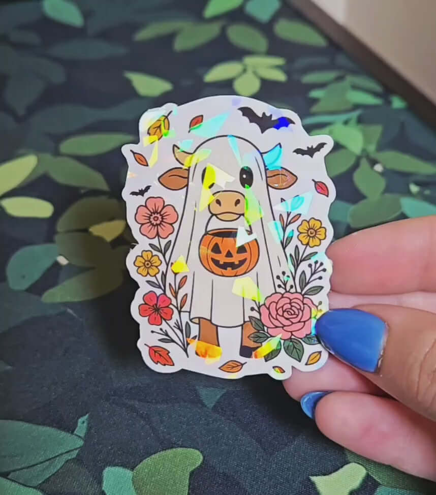 Holographic Ghost Cow Sticker – Cute Halloween Farm Animal Vinyl Decal
