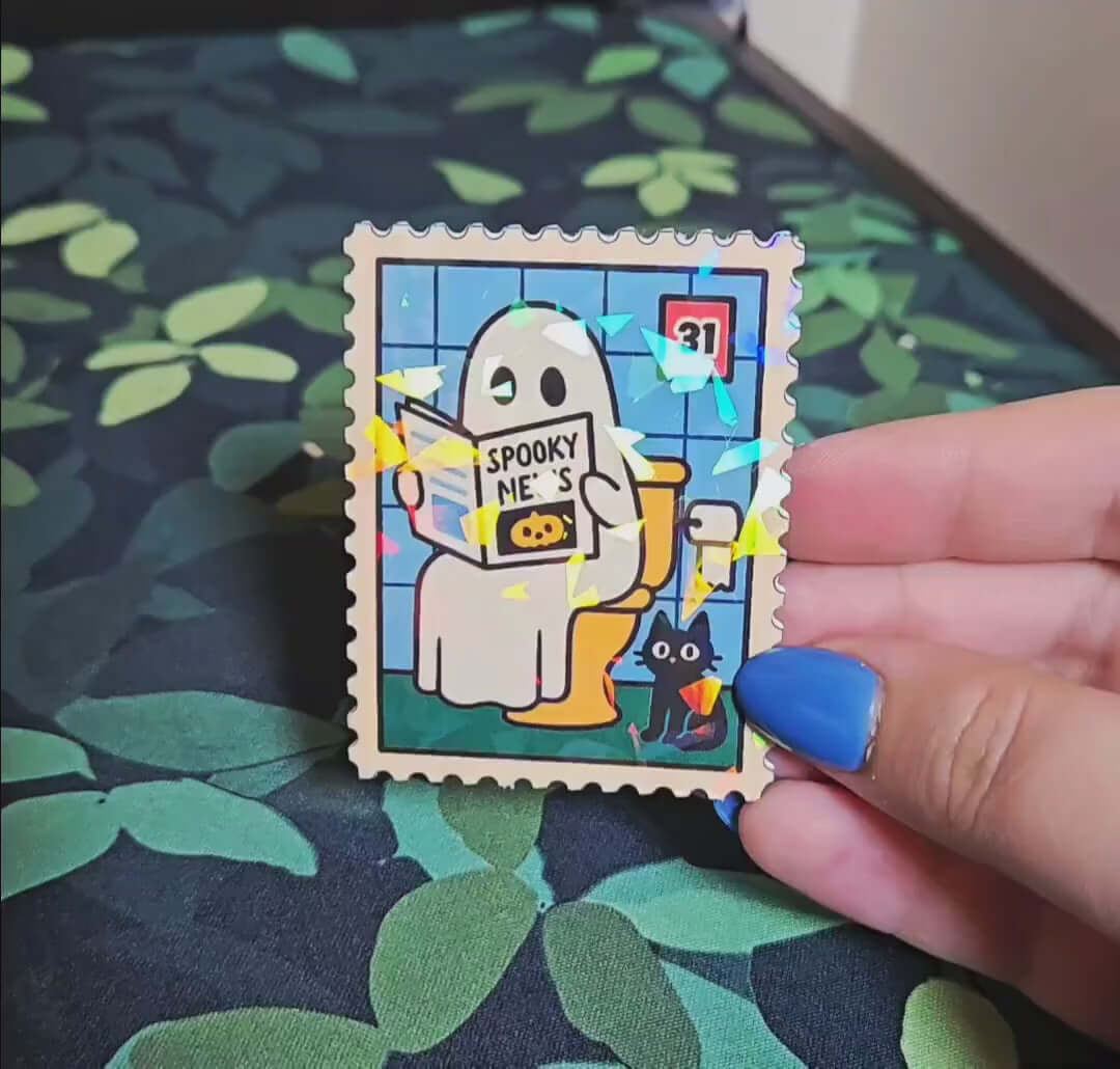 Holographic Spooky News Ghost Sticker – Cute Halloween Vinyl Decal