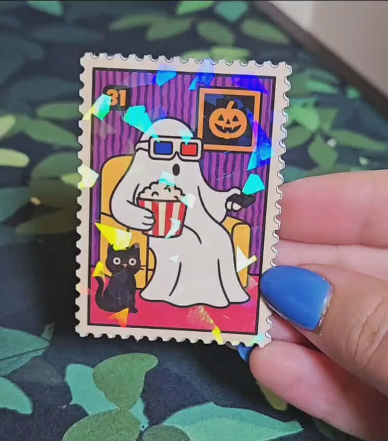 Holographic Movie Night Ghost Sticker – Halloween Popcorn Vinyl Decal