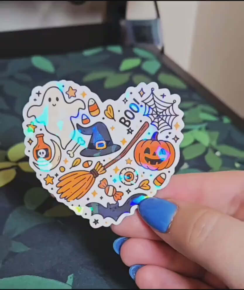 Holographic Halloween Heart Sticker – Cute Ghost, Pumpkin, Candy Collage Vinyl Decal