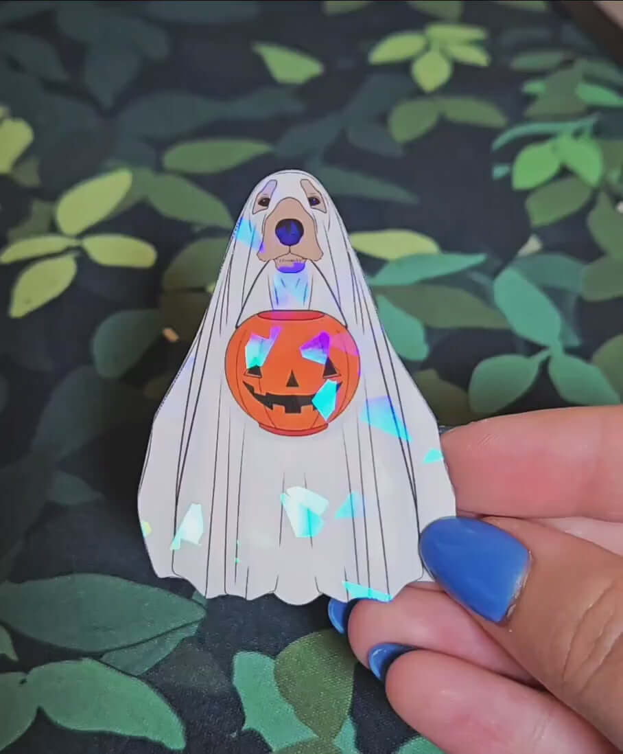 Holographic Ghost Dog Halloween Sticker – Cute Trick-or-Treat Pumpkin Decal, Spooky Dog Lover Gift, Waterproof Vinyl