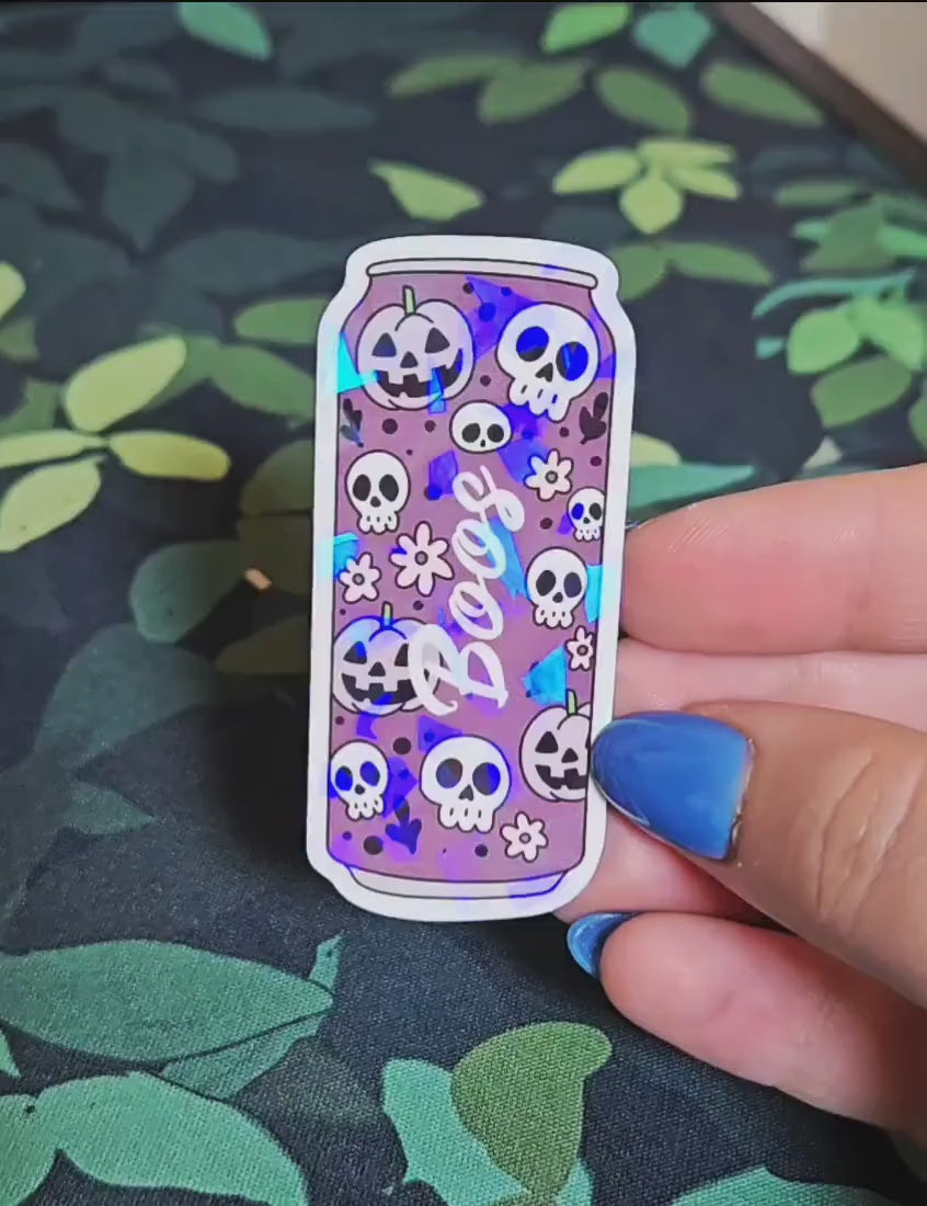 Holographic Boo Can Sticker – Purple Halloween Soda Vinyl Decal
