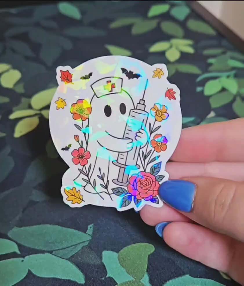 Holographic Nurse Ghost Sticker – Halloween Medical Worker Vinyl Decal