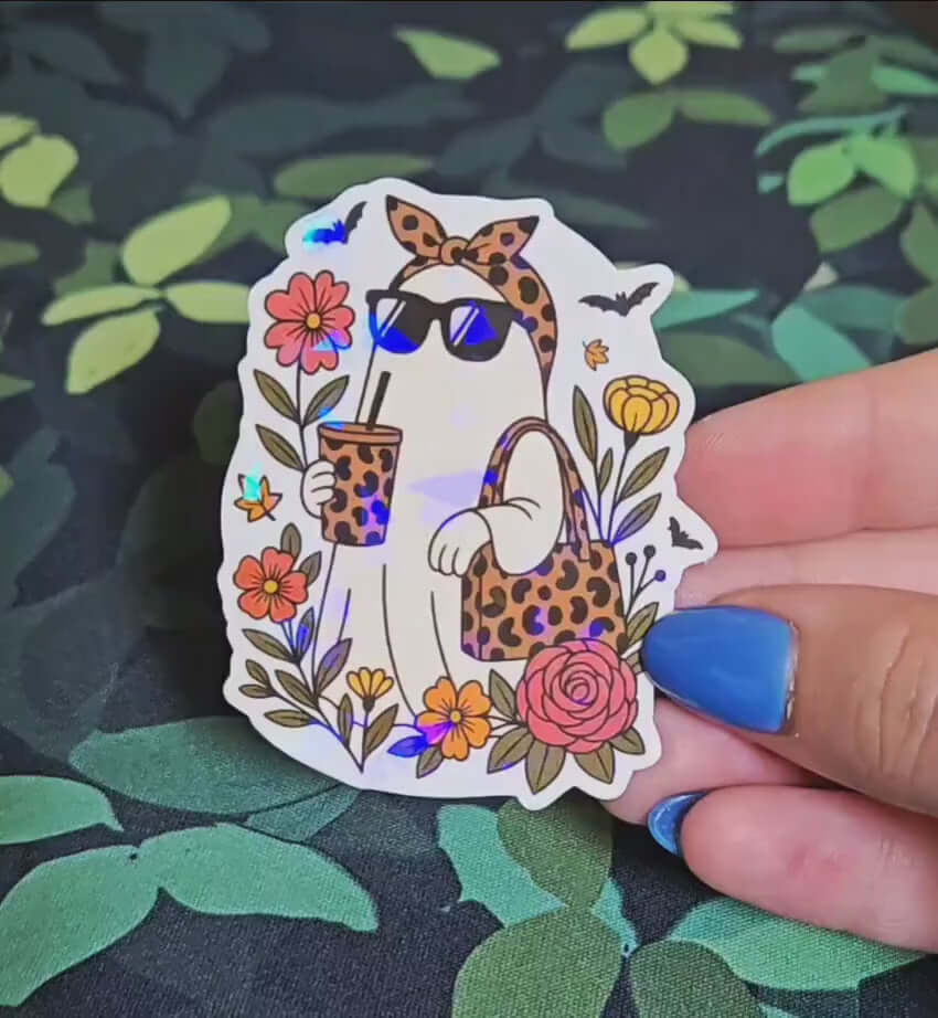 Holographic Leopard Ghost Sticker – Cute Halloween Coffee Vinyl Decal