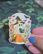 Holographic Witch Ghost Reading Sticker – Halloween Book Lover Vinyl Decal