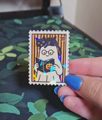 Reading Ghost Sticker Stamp - Holographic ghost sticker, Halloween Stamp, Halloween black cat stamp