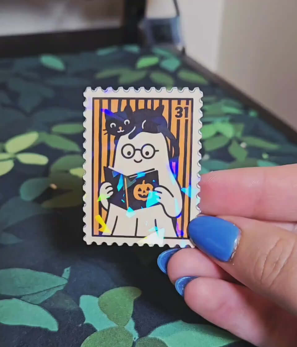 Reading Ghost Sticker Stamp - Holographic ghost sticker, Halloween Stamp, Halloween black cat stamp