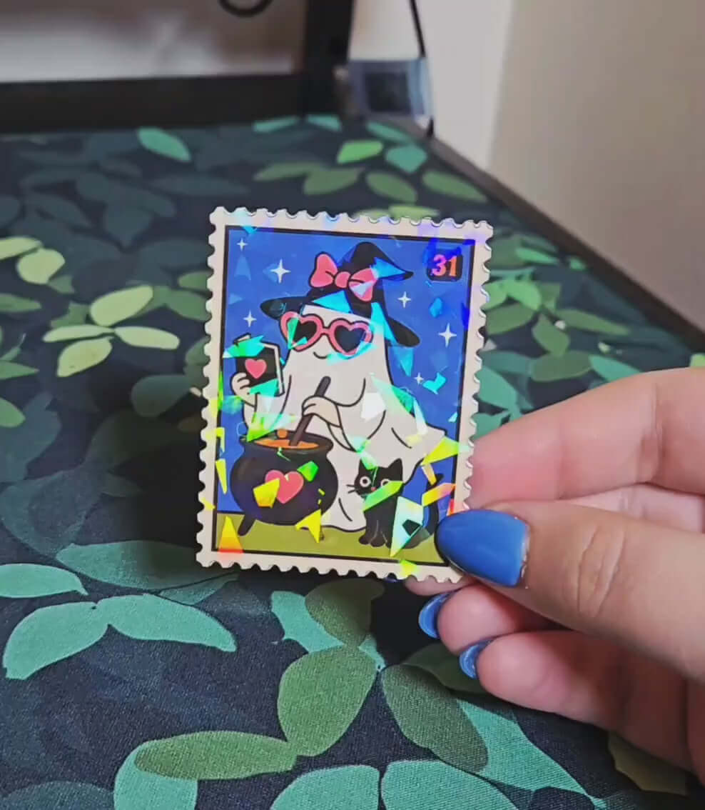 Holographic Witch Ghost Cauldron Sticker – Cute Halloween Vinyl Decal