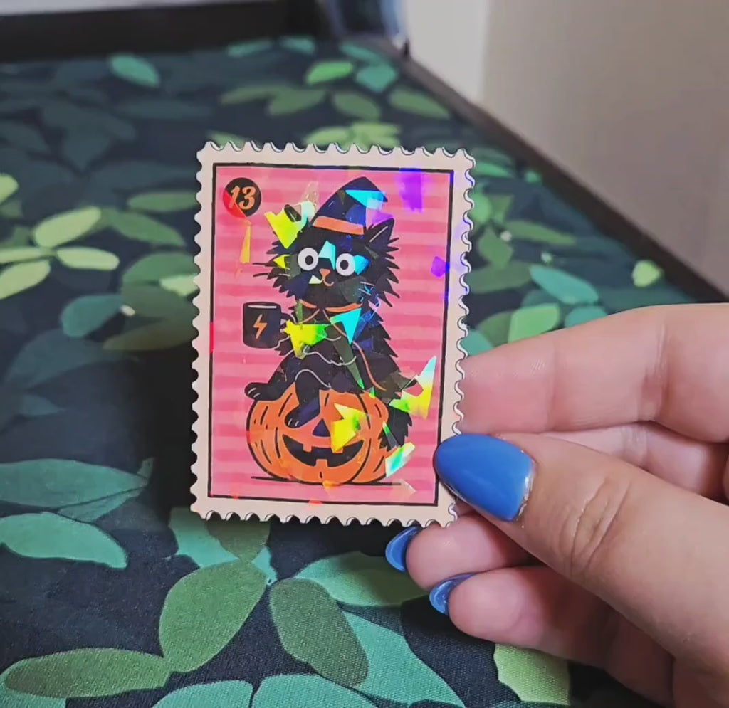 Holographic Witch Cat Pumpkin Sticker – Halloween Coffee Vinyl Decal