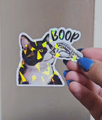 Holographic Cat Boop Sticker – Skeleton Hand Booping Cat Vinyl Decal, Halloween
