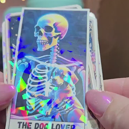 Holographic Dog Tarot Stickers, Cute Skeleton Dog Lover, Mystical Dog Tarot Aesthetic, Spooky Dog Vinyl Stickers for Journals & Water Bottle