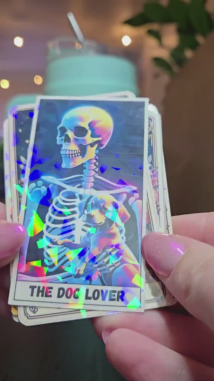 Holographic Dog Tarot Stickers, Cute Skeleton Dog Lover, Mystical Dog Tarot Aesthetic, Spooky Dog Vinyl Stickers for Journals & Water Bottle